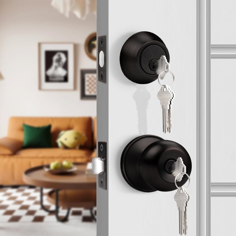 Probrico 5 Pack -Oil Rubbed Bronze Entry Knob and Single Cylinder Deadbolts,Keyed Alike Entry Handleset for Front Entrance Door, Deadbolt and Door knob Set, Modern Door Hardware - Image 4